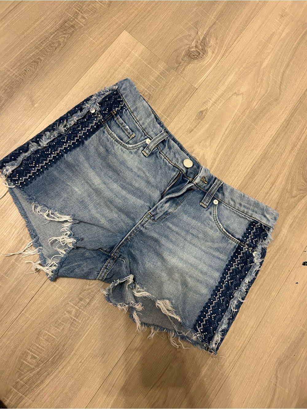 Blank NYC Light Blue Denim Shorts with Yellow Stitching